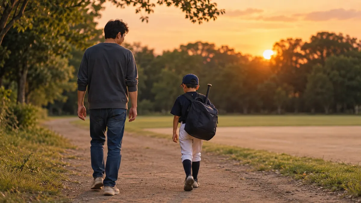 夕暮れの小道を少し先を行く子と数歩うしろから見守る父の後ろ姿のイメージ（生成AIによる画像）