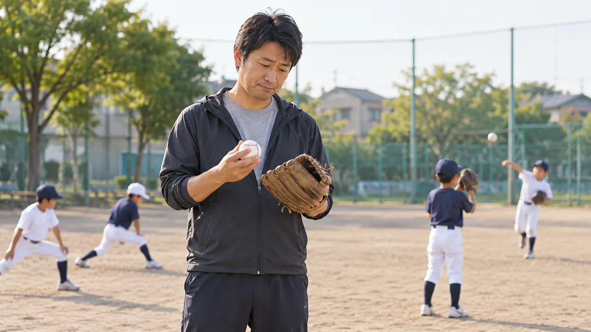 練習前にグラブを確かめる未経験の父親コーチのイメージ（生成AIによる画像）