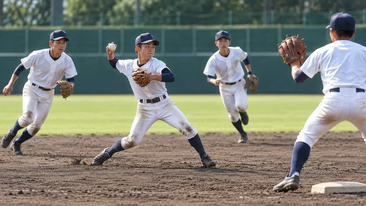 高校野球の内野手が連携して一塁へ送球する場面のイメージ（生成AIによる画像）