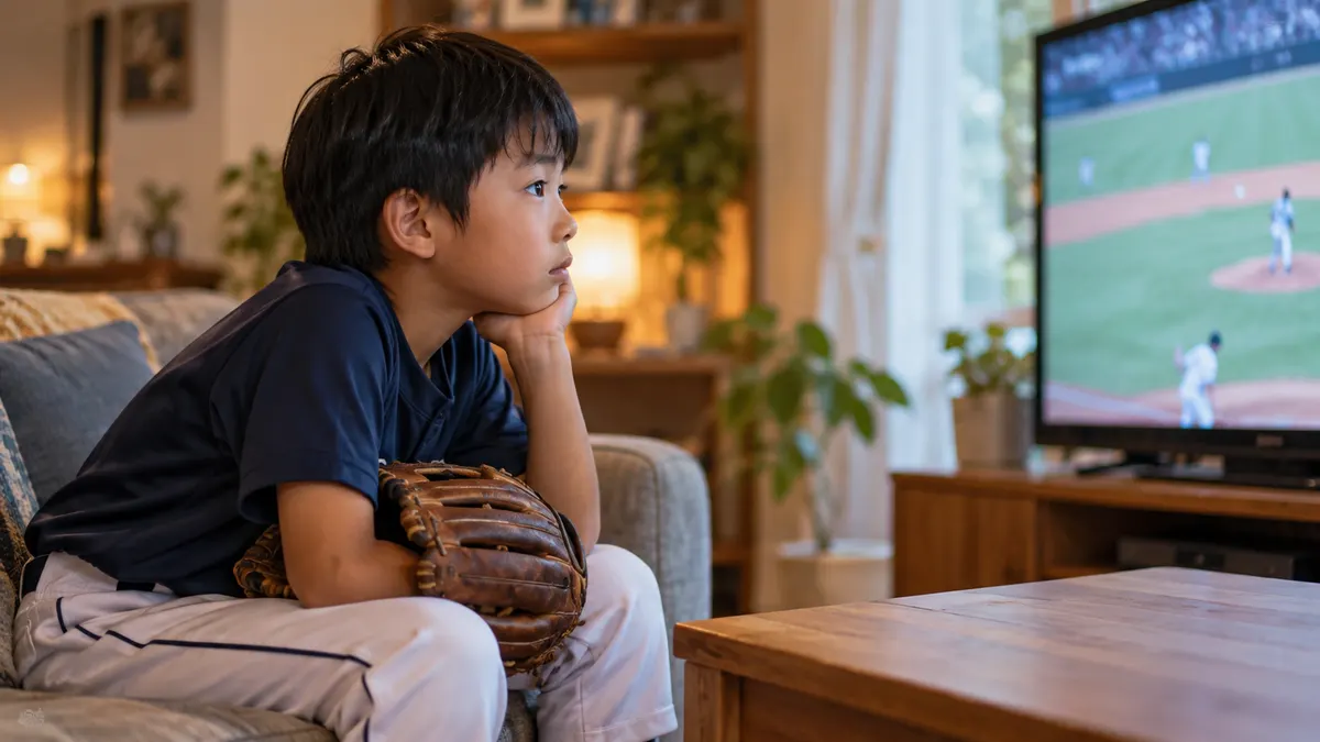 甲子園中継を見つめる少年と膝のグラブのイメージ（生成AIによる画像）