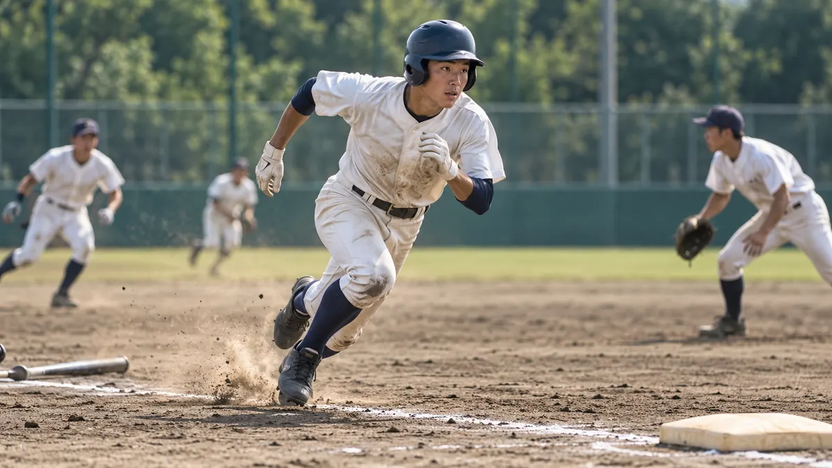 試合終盤に一塁へ全力で走る選手のイメージ（生成AIによる画像）