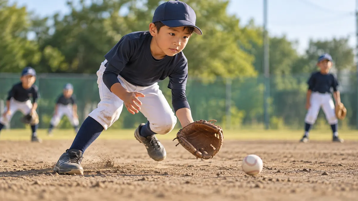 内野ゴロに反応して一歩目を踏み出す少年野球選手のイメージ（生成AIによる画像）