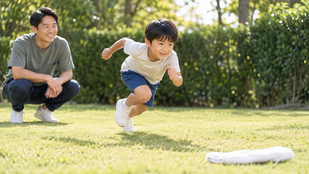 庭でタオルへ走り出す少年と見守る父のイメージ（生成AIによる画像）