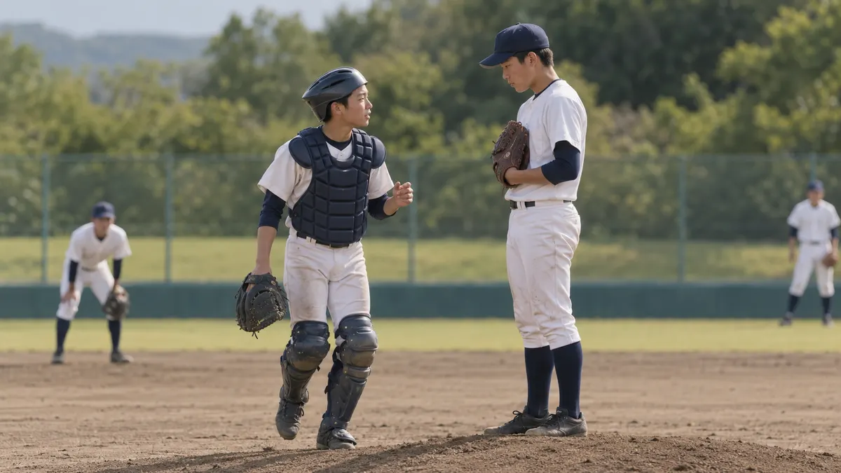 試合中に投手の様子を見に行く捕手のイメージ（生成AIによる画像）