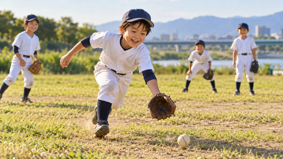 練習中に打球を追って走る少年と仲間たちのイメージ（生成AIによる画像）