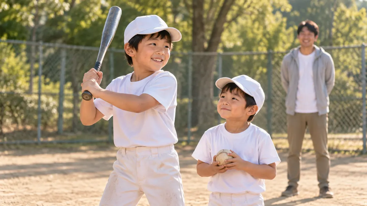 体格の異なる二人の少年が並ぶ少年野球グラウンドのイメージ（生成AIによる画像）