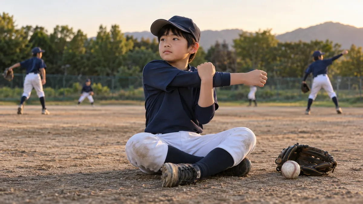 練習後に肩をゆっくり動かす少年と、そばに置かれた野球道具のイメージ（生成AIによる画像）