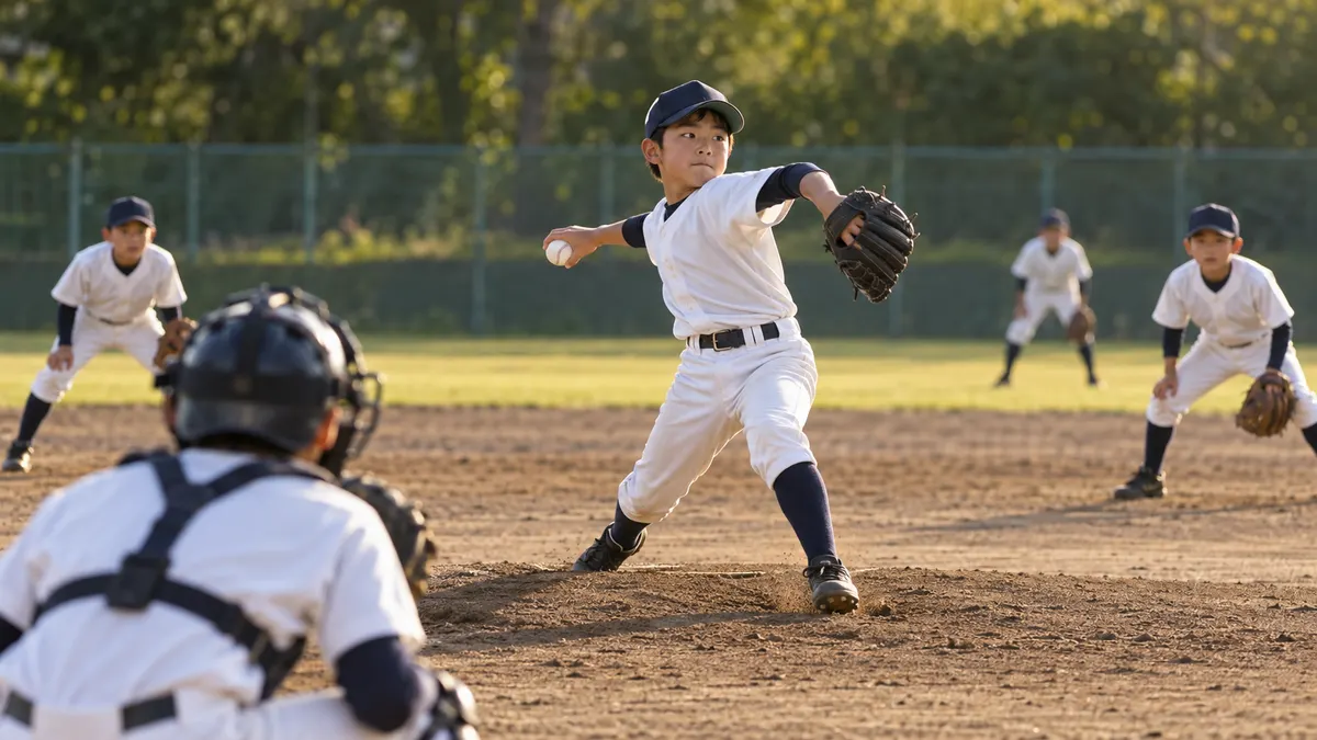 少年投手が仲間に見守られて試合途中の一球を投げるのイメージ（生成AIによる画像）