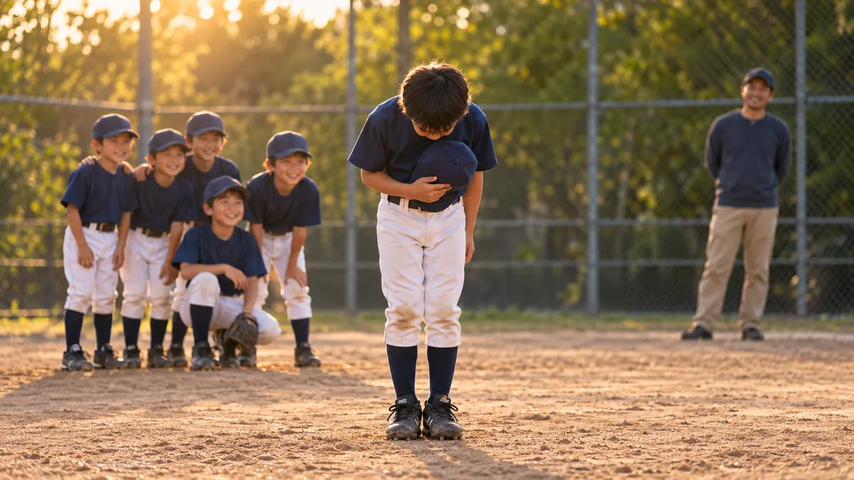 夕方のグラウンドで帽子を胸に当て一礼する少年野球選手と、見守る仲間と父親のイメージ（生成AIによる画像）