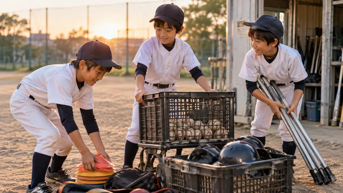練習後に仲間と用具を片づける少年たちのイメージ（生成AIによる画像）