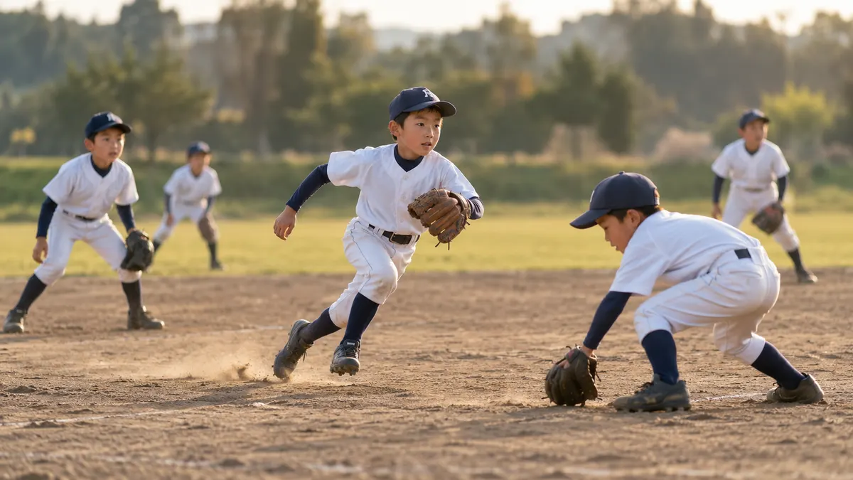 試合中、仲間のカバーへ走る少年野球選手たちのイメージ（生成AIによる画像）