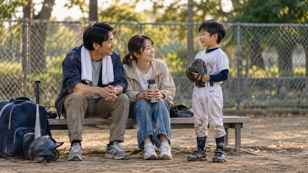 試合後、親子が野球場脇のベンチでひと息つくのイメージ（生成AIによる画像）