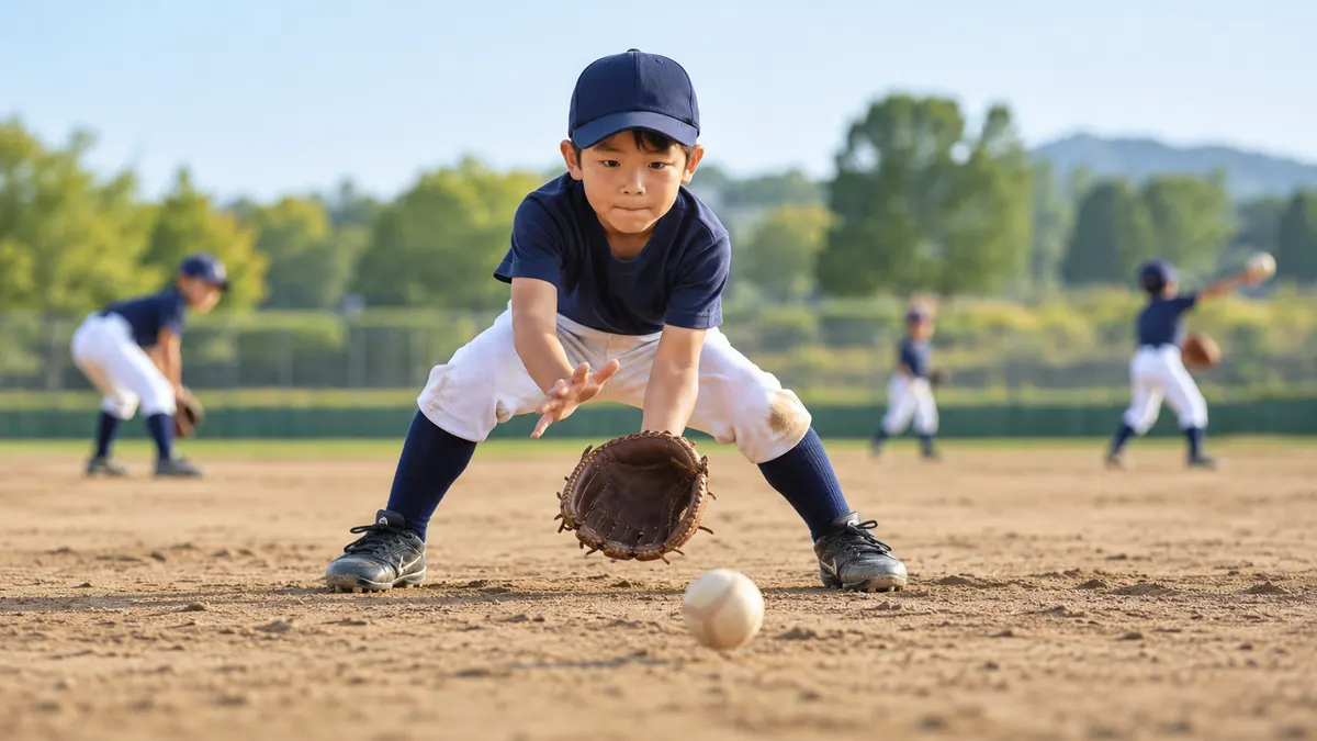少年が仲間の練習を背に内野守備の練習に取り組むのイメージ（生成AIによる画像）