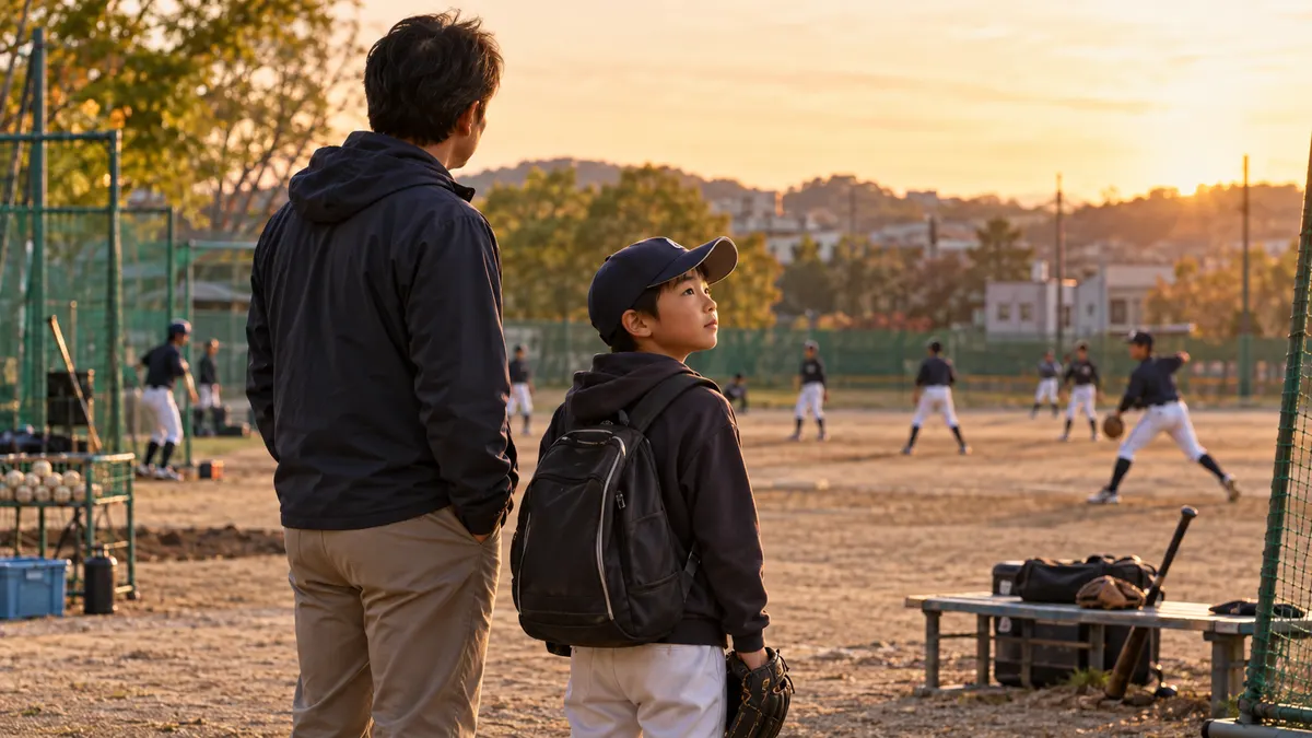 練習する中学生を親子がグラウンド脇から眺めるのイメージ（生成AIによる画像）