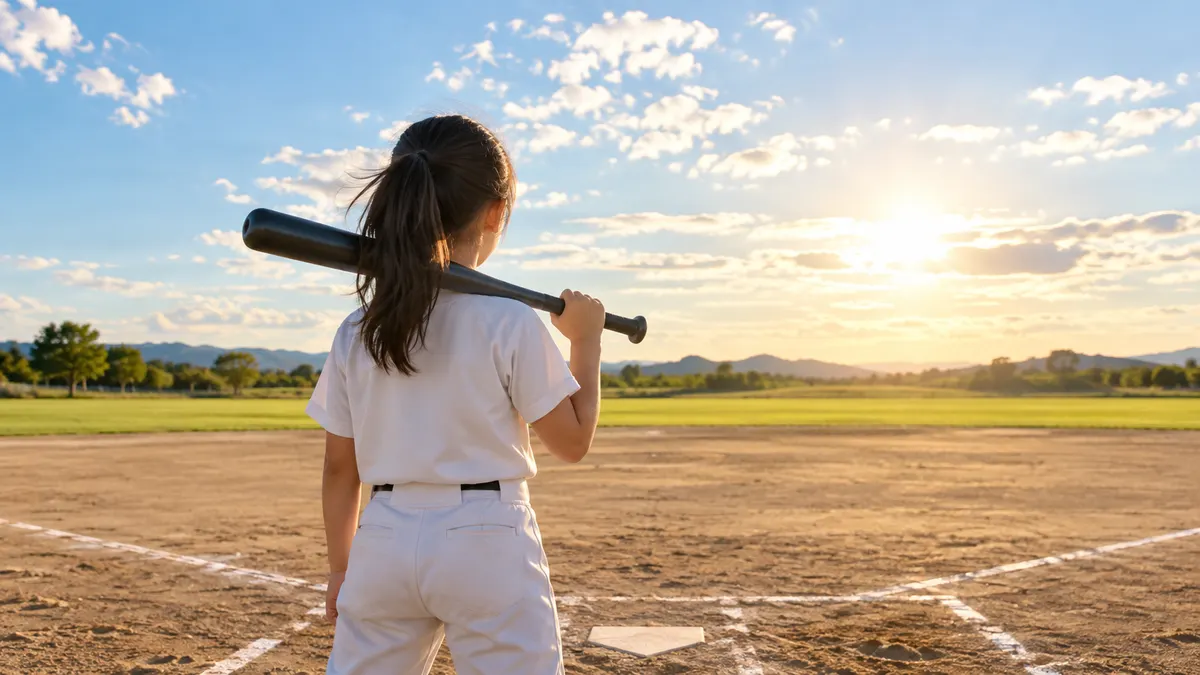 広い野球場でバットを担ぎ前を見つめる少女の後ろ姿のイメージ（生成AIによる画像）