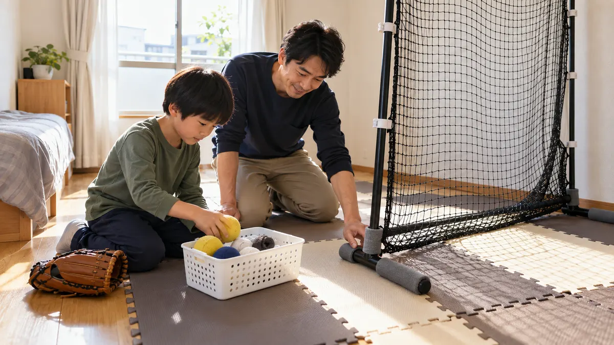 野球練習部屋を100均・DIYで作る｜6畳でも安全な室内練習アイデアをイメージした画像（生成AIによるイメージ）