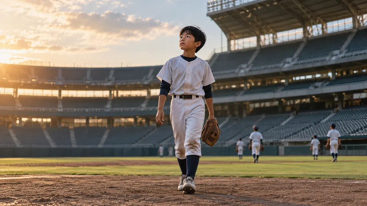 試合後の球場を歩く小学生選手と広いスタンドのイメージ（生成AIによる画像）