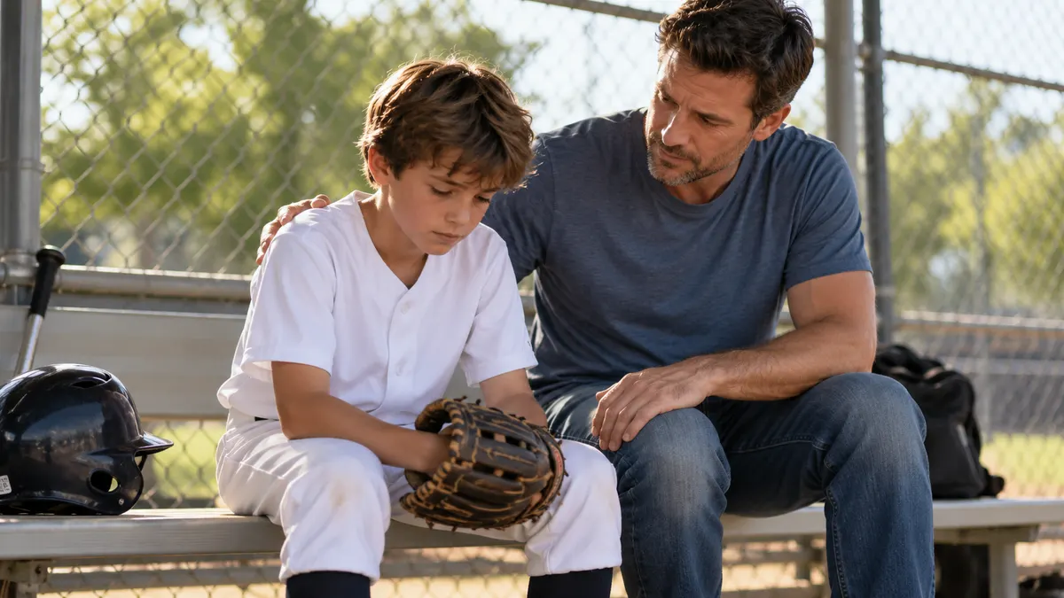 試合後のベンチで肩を落とす子に寄り添う父親のイメージ（生成AIによる画像）