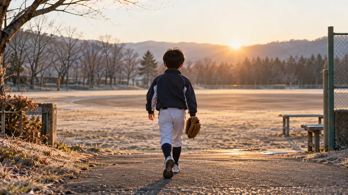 冬の朝、グローブを持ってグラウンドへ向かう少年のイメージ（生成AIによる画像）