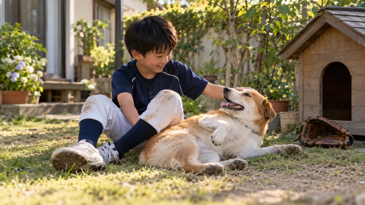 犬小屋のそばで愛犬とくつろぐ野球少年のイメージ（生成AIによる画像）