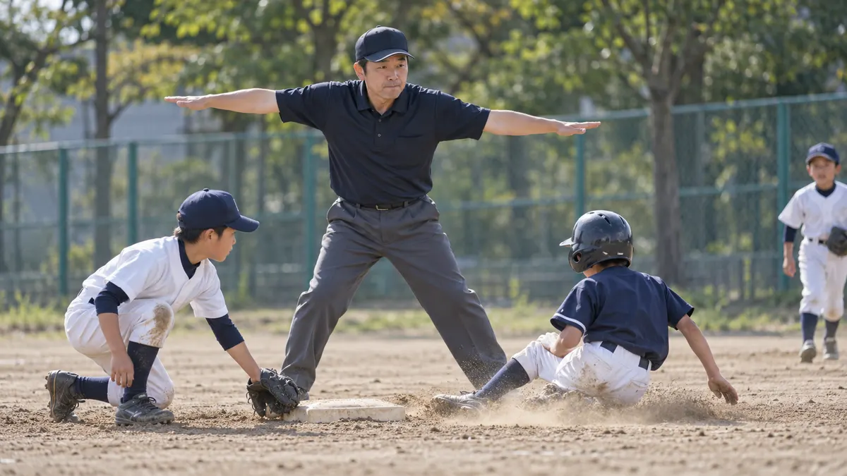 試合で落ち着いて判定を示す父親審判と少年選手のイメージ（生成AIによる画像）