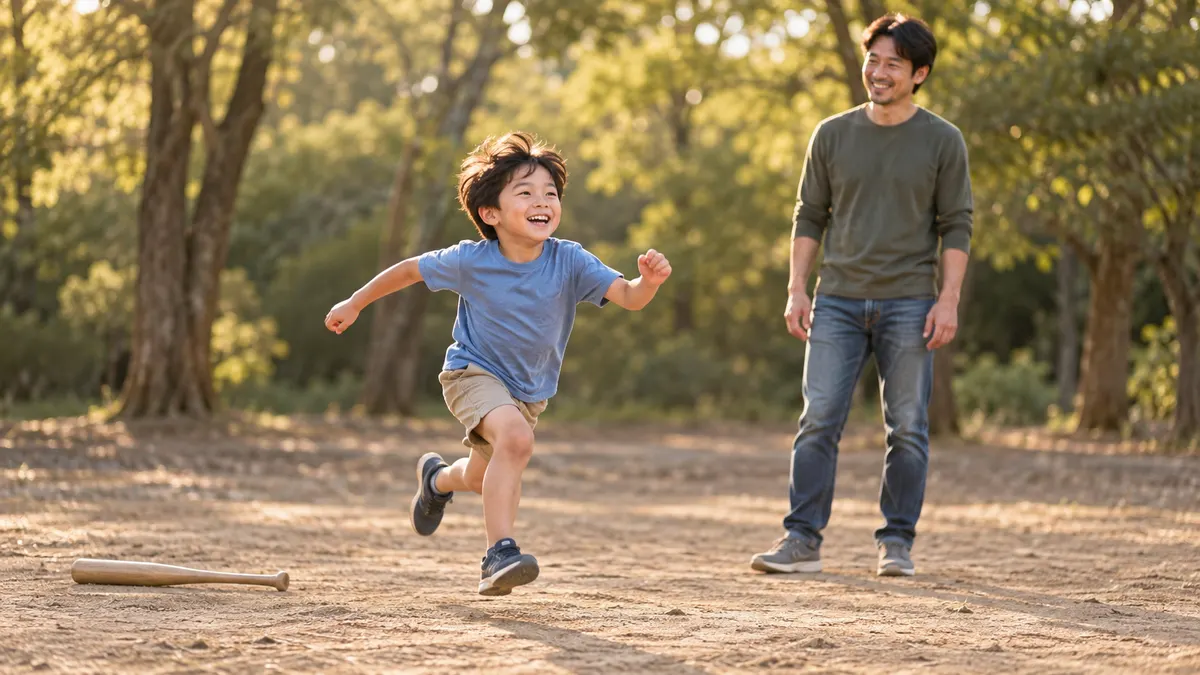 土の公園で駆ける少年と見守る父親、横たわるバットのイメージ（生成AIによる画像）