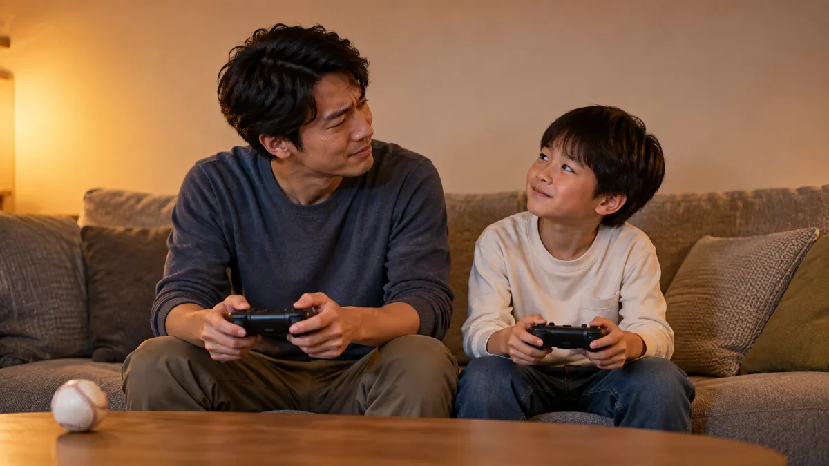 ��ビングで首をひねる親子のイメージ（生成AIによる画像）
