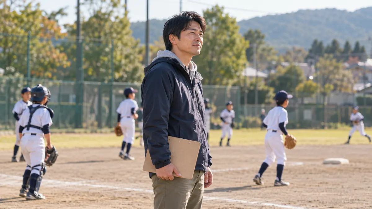 試合を見つめ、無地のクリップボードを持つ父親のイメージ（生成AIによる画像）