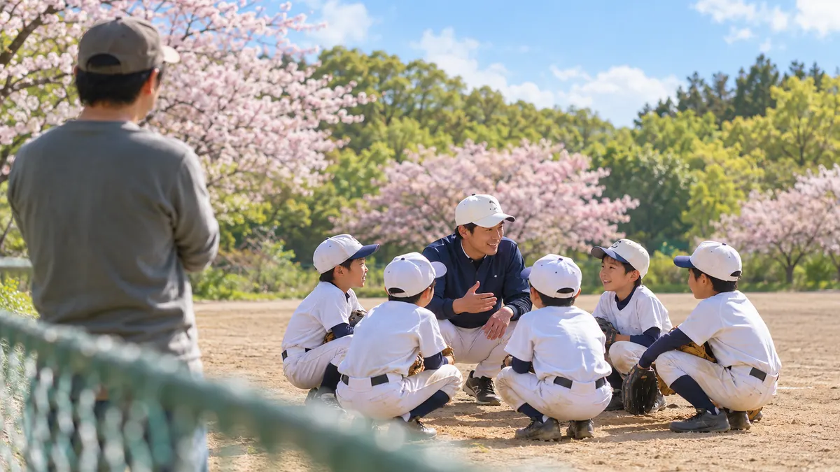 新体制の初練習で子どもたちに話す若い指導者をフェンス越しに見守る父親のイメージ（生成AIによる画像）