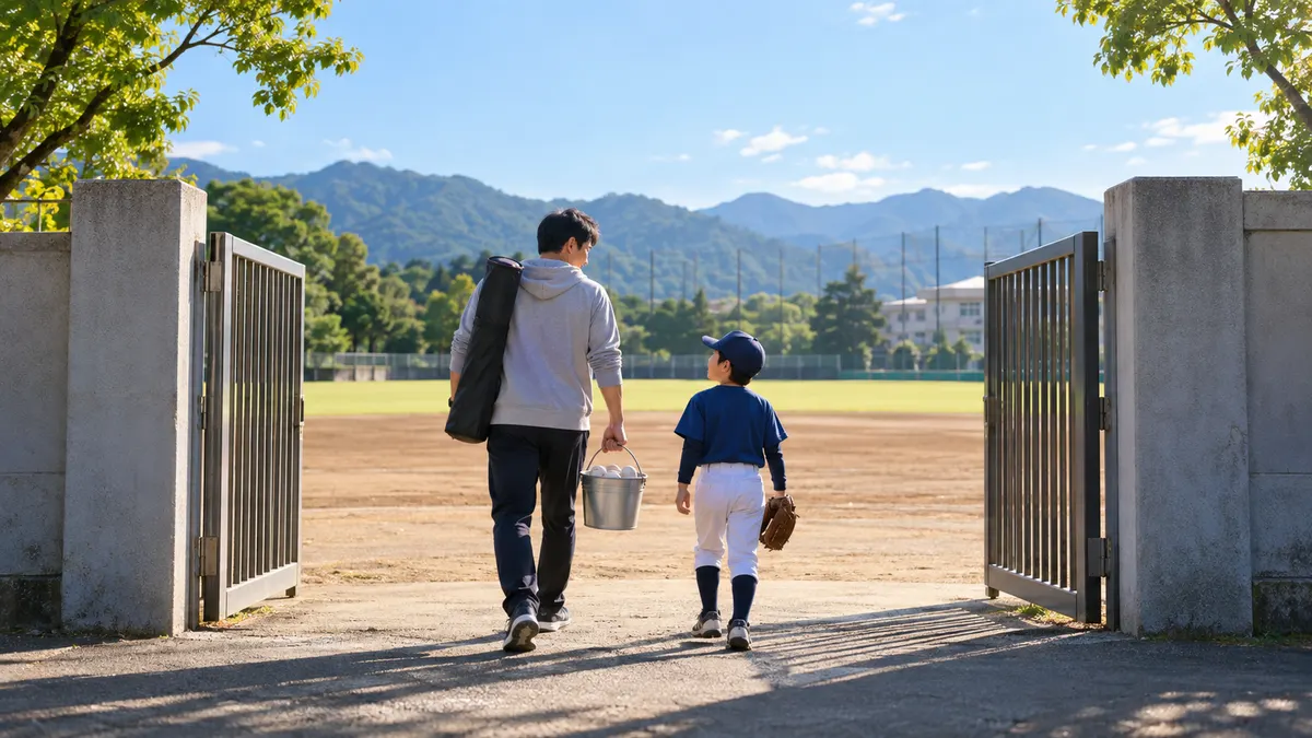 球技禁止の公園から、グローブとバケツのボールを手に学校のグラウンドの門へ向かう親子のイメージ（生成AIによる画像）