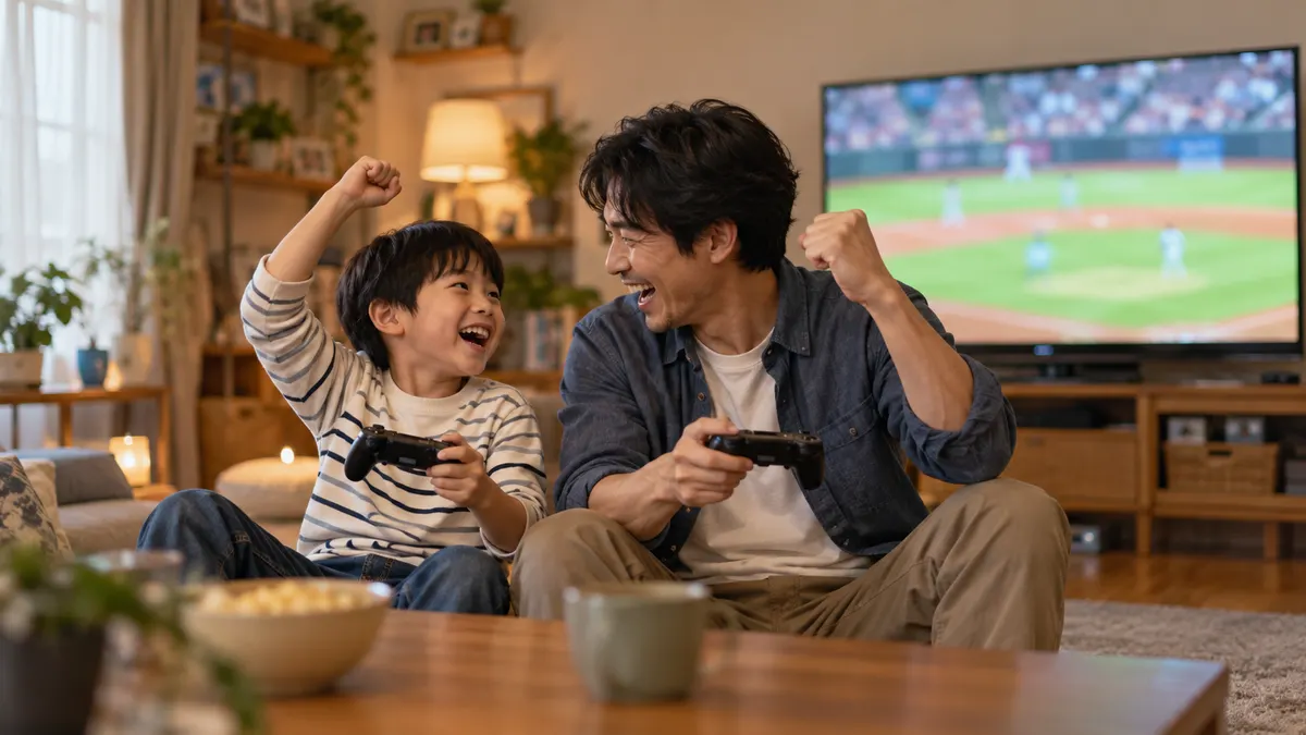 野球ゲームの得点に親子がリビングで喜ぶ場面のイメージ（生成AIによる画像）