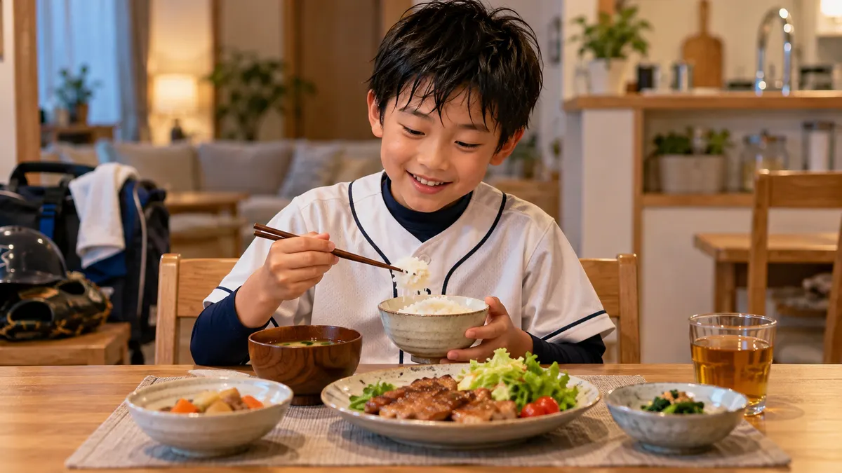 野球の練習帰りに食卓で夕食を始める少年のイメージ（生成AIによる画像）