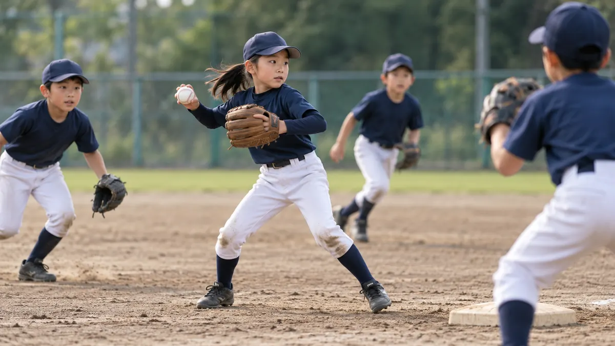 女の子が仲間と内野練習で送球を受けるチーム環境のイメージ（生成AIによる画像）