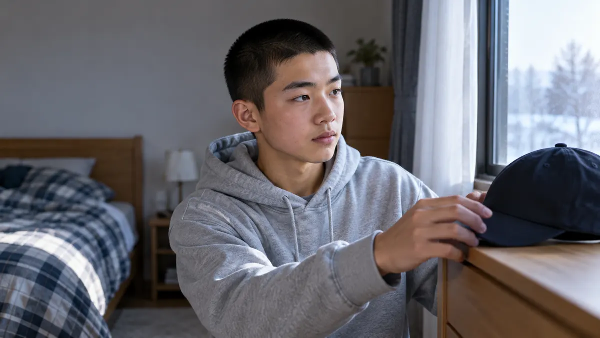 肌寒い朝、短髪の少年が窓辺で帽子を手に取るのイメージ（生成AIによる画像）