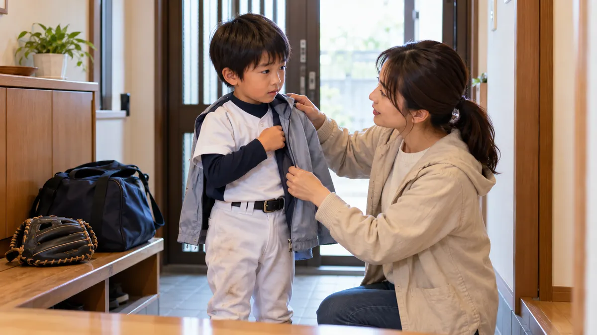 痛みを訴えた子どもに上着を渡し、受診へ向かう親子のイメージ（生成AIによる画像）