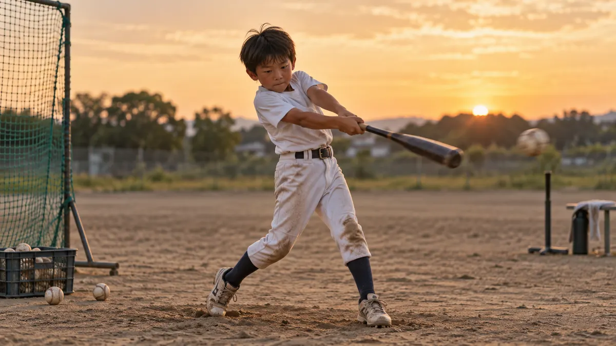 練習後に一人で素振りを続ける少年野球選手のイメージ（生成AIによる画像）