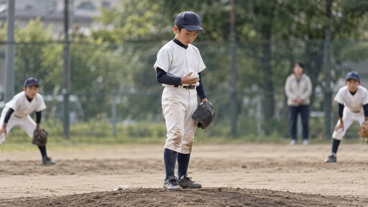 初回に苦しみながらマウンドで呼吸を整える少年投手のイメージ（生成AIによる画像)