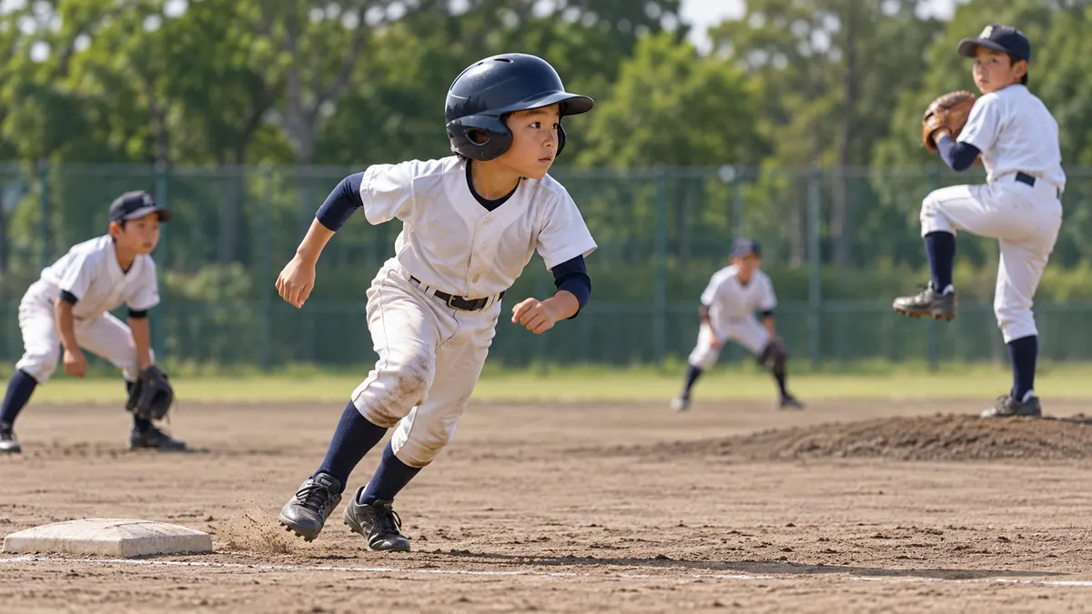 少年野球の走者が自分で判断して次の塁へ走り出す場面のイメージ（生成AIによる画像）
