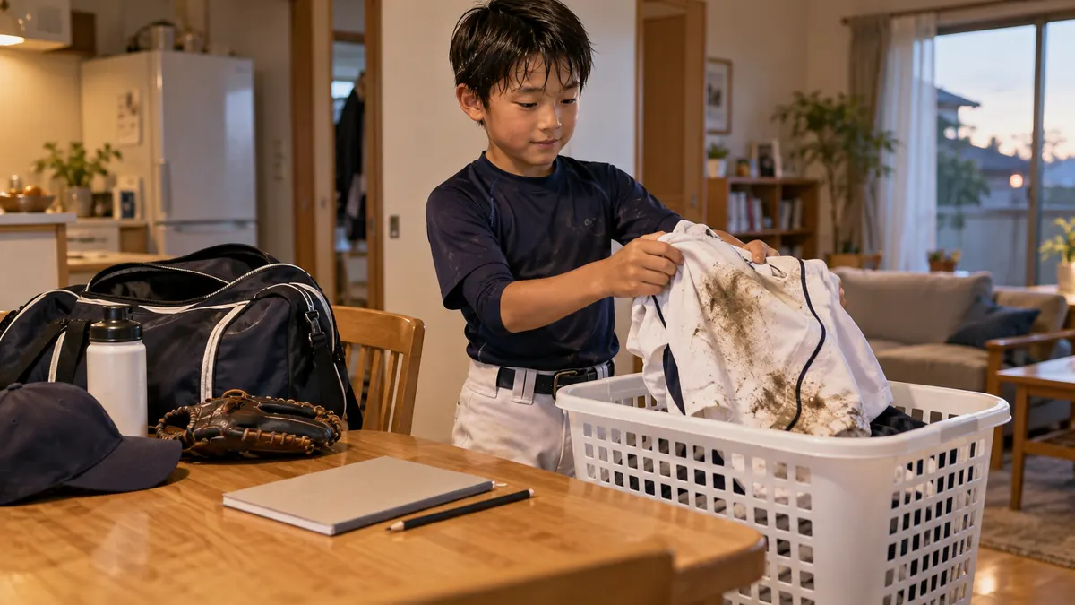 練習着を洗濯かごに入れる少年とそばに置かれた学用品のイメージ（生成AIによる画像）