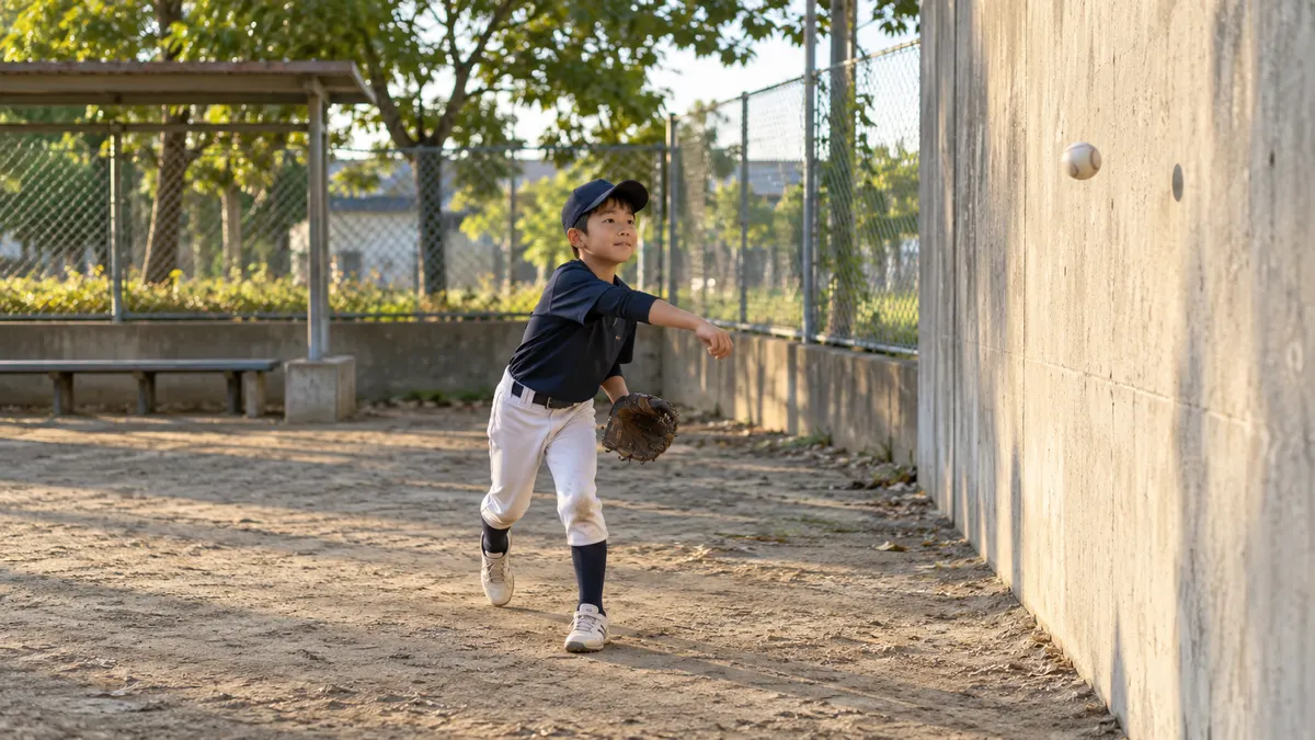 練習の合間に壁当てを楽しむ少年のイメージ（生成AIによる画像）