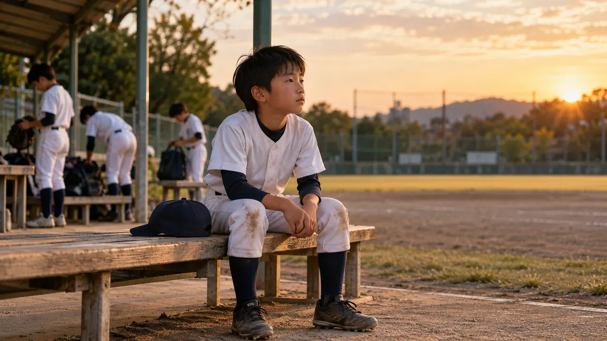 試合後のベンチで帽子を置きグラウンドを見る少年のイメージ（生成AIによる画像）