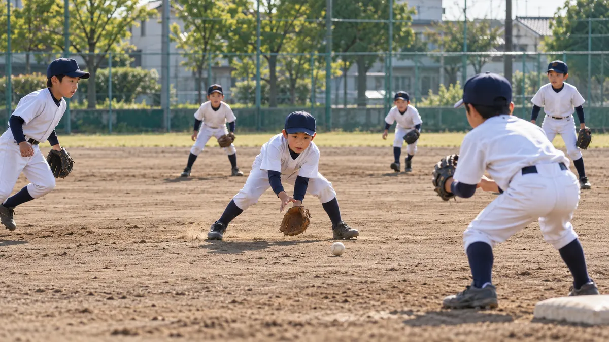 少人数の少年野球チームが内野の連係練習をするのイメージ（生成AIによる画像）