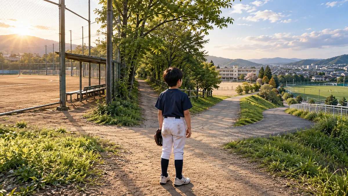 ��ラウンドの先で分かれる道を見つめる少年のイメージ（生成AIによる画像）