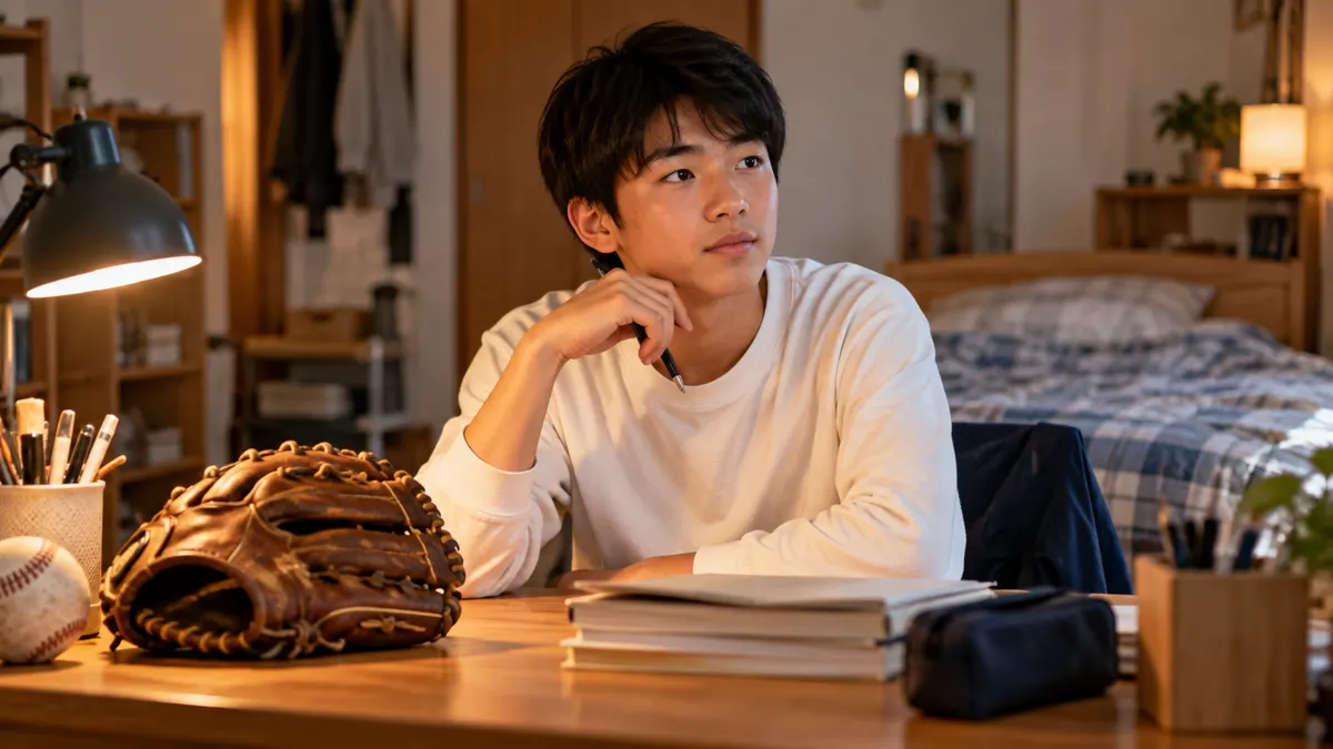 野球部を引退した中学生がグローブのそばで勉強を始めるのイメージ（生成AIによる画像）
