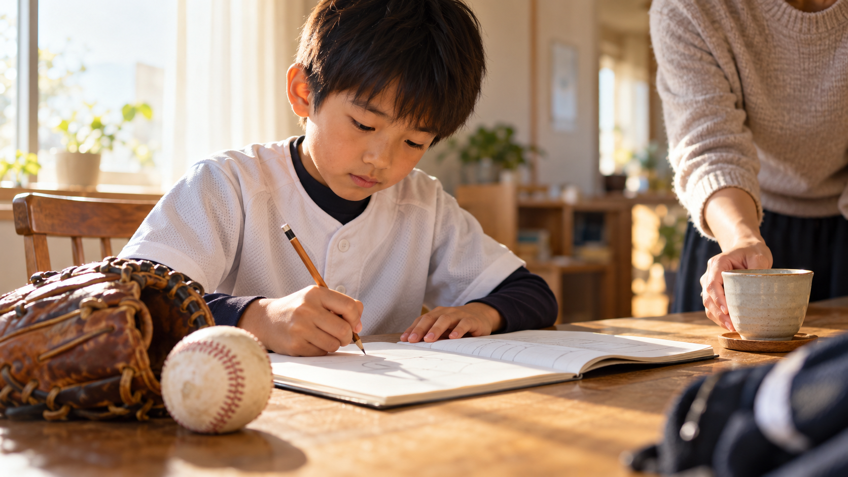 【少年野球】野球ノートの書き方をイメージした、ノートに向かう少年と見守る親(生成AIによるイメージ)