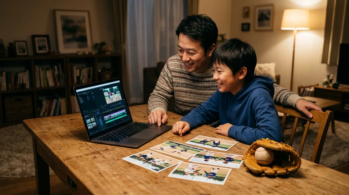 少年野球の卒団式ムービーはこう作る|初めての保護者でも間に合う曲選び・写真・編集・上映の全手順をイメージした親子の野球シーン (生成AIによるイメージ)