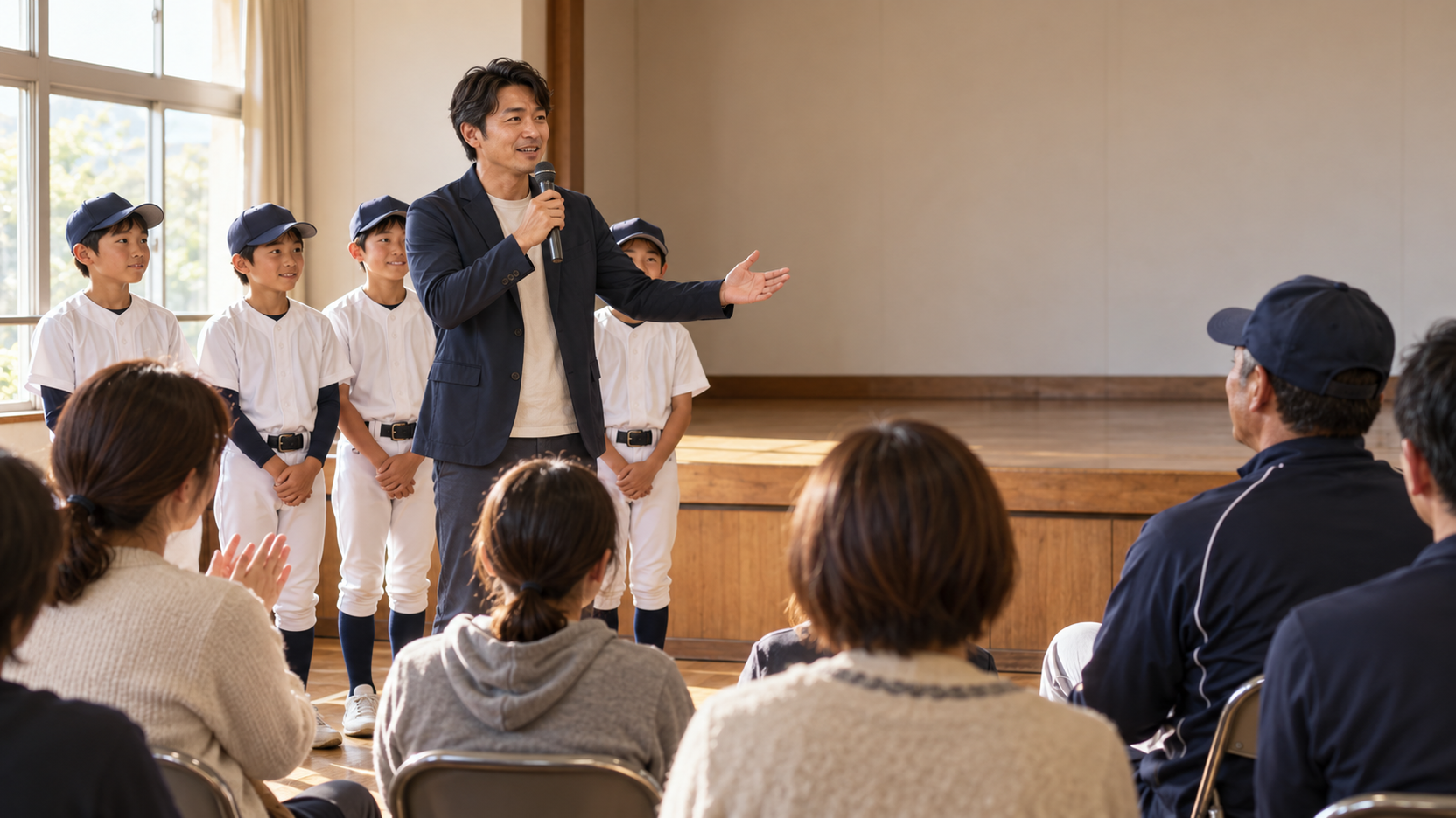 卒団式のあいさつの立場を確かめる場面のイメージ(生成AIによるイメージ)
