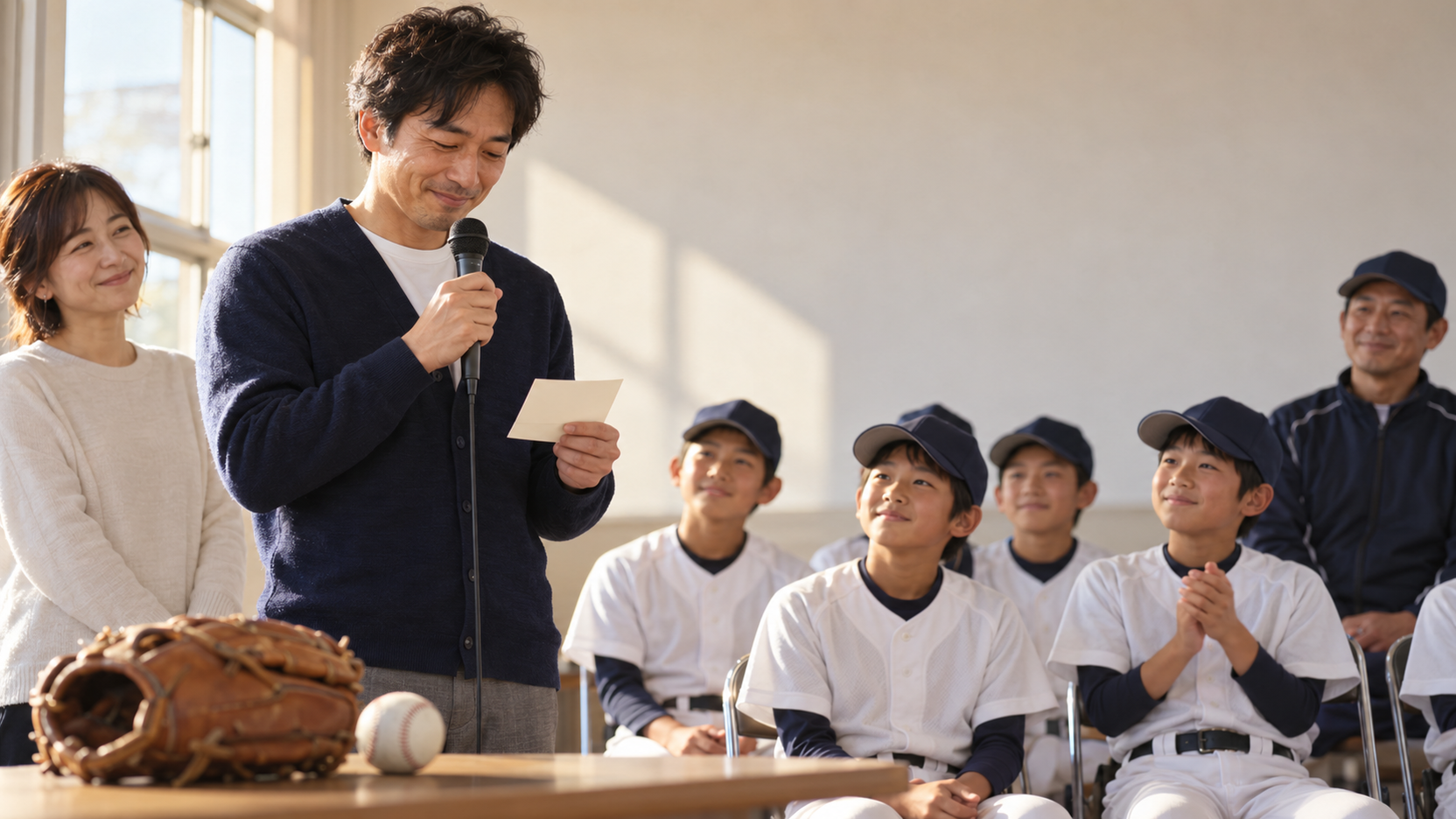 少年野球の卒団式あいさつ例文｜親代表・保護者会長・監督・コーチ別の1分原稿と準備をイメージした親子の野球シーン (生成AIによるイメージ)