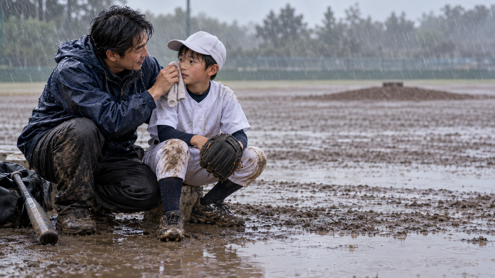雨・強風の試合中｜保護者が見るポイントを表現した本文中盤のイメージ (生成AIによるイメージ)