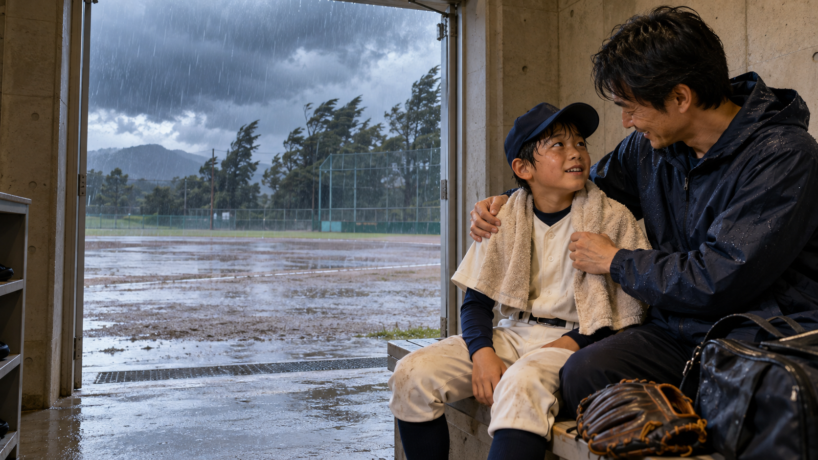 少年野球の雨・雷・強風｜試合の決行・中止の判断と保護者の動き方をイメージした親子の野球シーン (生成AIによるイメージ)